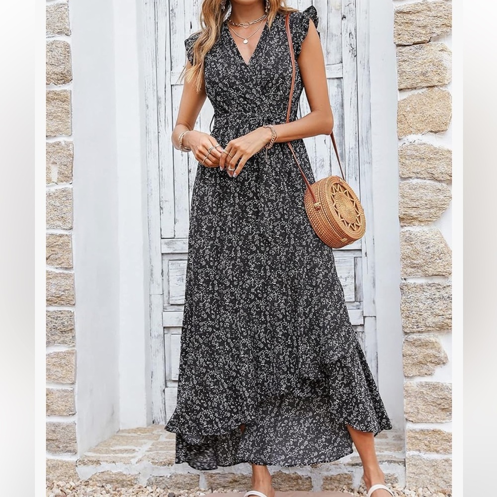NWT BTFBM Ruffle Cap Sleeveless V-Neck Floral Print Wrap Long Maxi Dress, XL